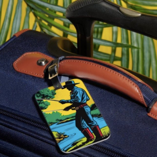 Étiquette À Bagage Pêcheur cowboy sur la rive (Retro Cowboy Fishing Riverside Scene single-sided w Card Slot, weatherproof, leather strap included.)
