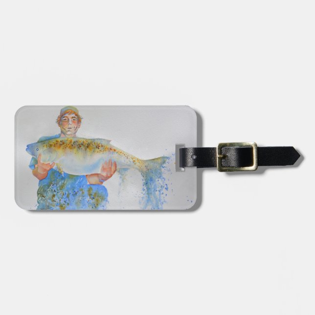 Étiquette À Bagage Pêcheur peinture d'aquarelle cadeau de pêche pour  (Devant horizontal)