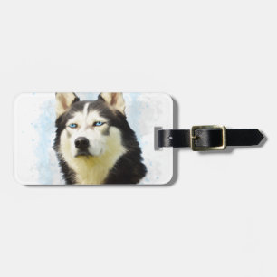 Étiquette À Bagage Peinture à l'aquarelle du chien Husky sibérien