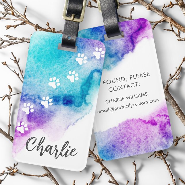 Étiquette À Bagage Peinture à l'eau violette Empreinte de patte (Paw prints purple aqua blue watercolor paint luggage tag)
