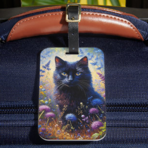 Étiquette À Bagage Peinture à l'huile de chat noir et de Fleurs sauva