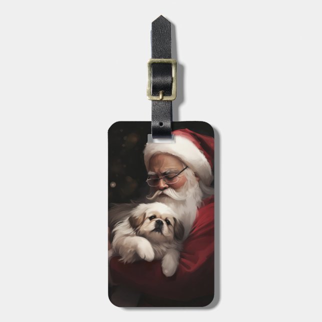 Étiquette À Bagage Pekingese avec le Père Noël Festif Noël (Devant Vertical)