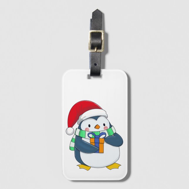 Étiquette À Bagage Penguin dans un casquette de Noël avec un cadeau (Devant Vertical)