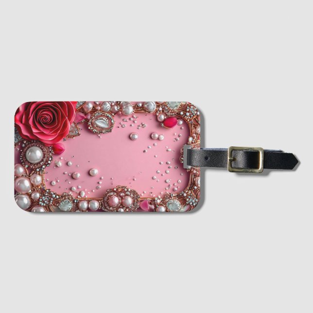 Étiquette À Bagage Perles et une rose rouge détaillée (Devant Horizontal)