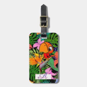Étiquette À Bagage Perroquet, feuilles de palmier, monogramme personn