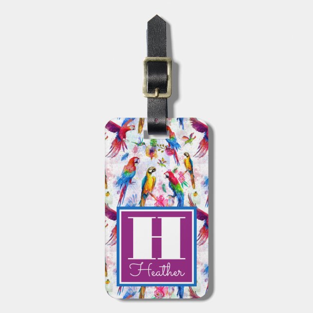Étiquette À Bagage Perroquets de style aquarelle| Monogramme (Devant Vertical)