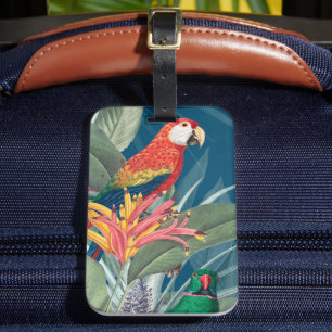 Étiquette À Bagage Perroquets tropicaux et bleu foncé floral
