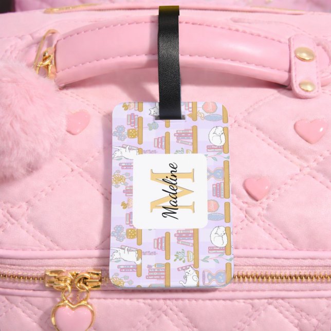 Étiquette À Bagage Personalized Cats in the Library Book Girl Purple (Créateur téléchargé)