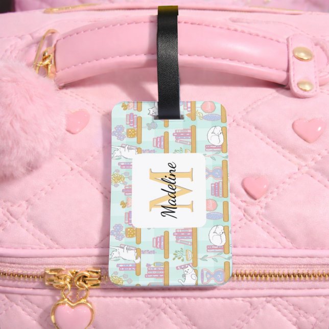 Étiquette À Bagage Personalized Cats Library Book Girl Mint Green (Créateur téléchargé)