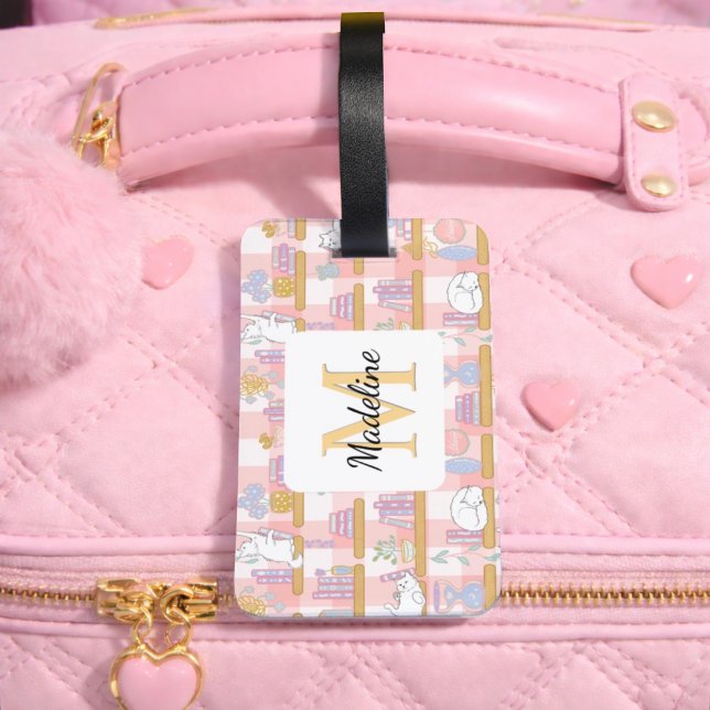Étiquette À Bagage Personalized Cats Library Book Girl Pink School (Créateur téléchargé)