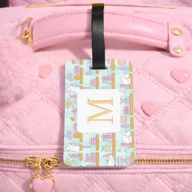 Étiquette À Bagage Personalized Letter Cats Library Book Girl Green (Créateur téléchargé)