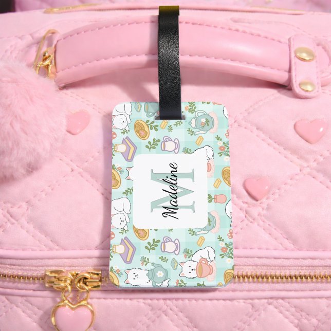 Étiquette À Bagage Personalized Tea Bookish Cats Girl Mint Green (Créateur téléchargé)