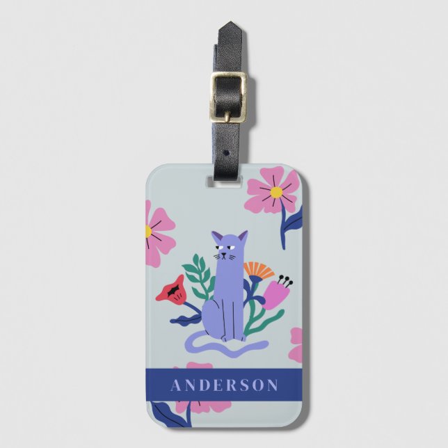 Étiquette À Bagage Personnalisable Blue Russian Cat & Matisse Flowers (Devant Vertical)