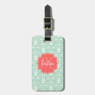 Étiquette À Bagage Personnalisation du chic Coral & Mint Green Damask
