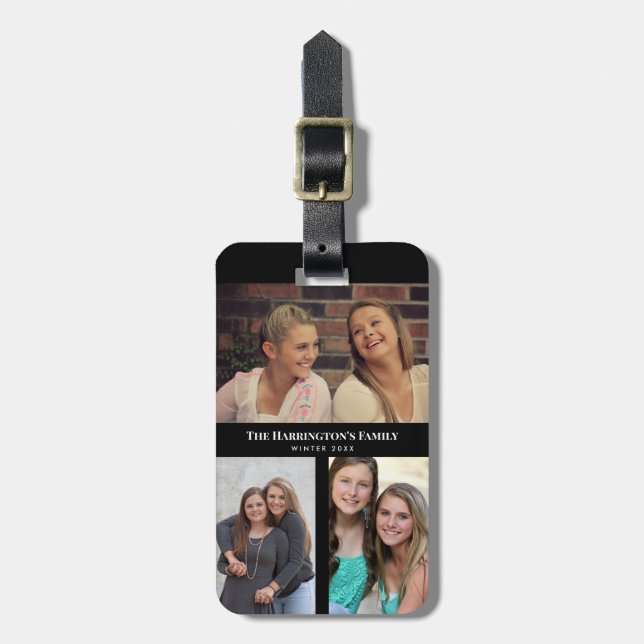 Étiquette À Bagage Personnalisé 3 sections Famille Photo Collage Blac (Devant Vertical)