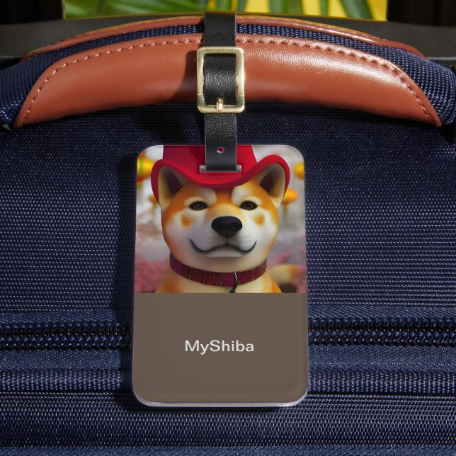 Étiquette À Bagage Personnalisé 3D Happy Shiba Inu avec casquette rou (Insitu Rectoal 2)