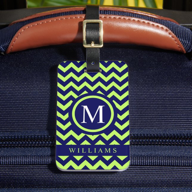 Étiquette À Bagage Personnalisé Bright Lime Green Navy Blue Chevron M (Insitu Rectoal 2)