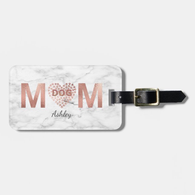 Étiquette À Bagage Personnalisé Chien Maman Rose Gold Empreintes de p (Devant horizontal)