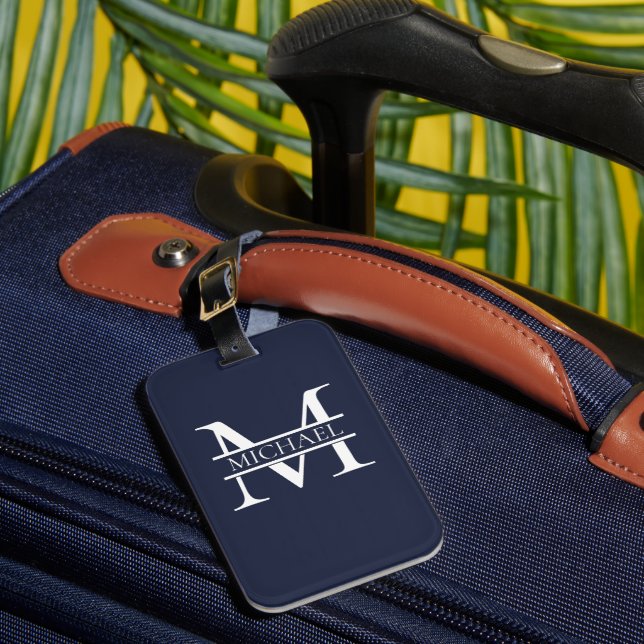 Étiquette À Bagage Personnalisé Elegant Navy Blue Monogramme et nom (Insitu Rectoal 1)