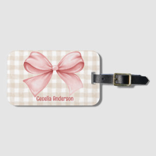 Étiquette À Bagage Personnalisé en vichy beige et rose avec arc aquar