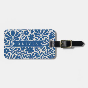 Étiquette À Bagage Personnalisé Floral Folklorique Bleu Nordique Sur