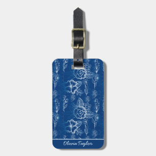 Étiquette À Bagage Personnalisé floral transparent motif blanc bleu