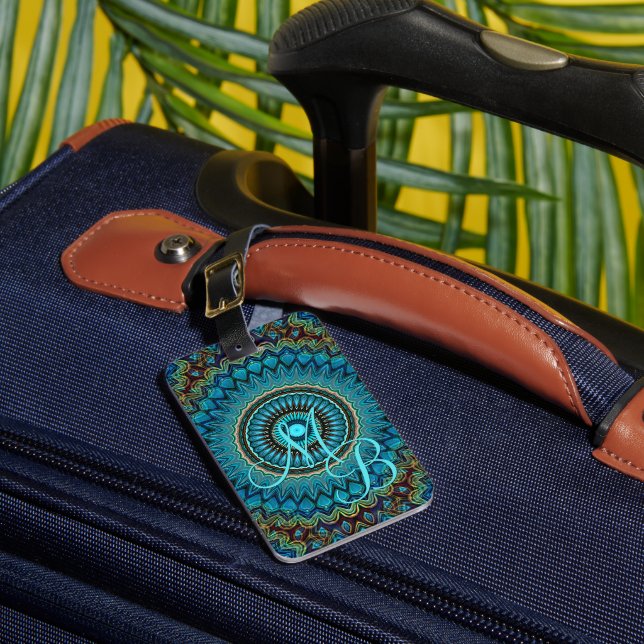 Étiquette À Bagage Personnalisé Turquoise Vert bleu Mandala Star Moti (Insitu Rectoal 1)