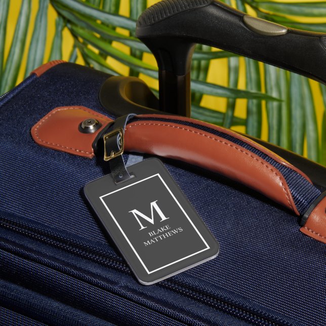 Étiquette À Bagage Personnaliser gris foncé Il Blanc Monogramme & Nom (Insitu Rectoal 1)