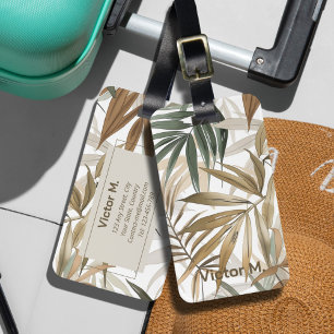 Étiquette À Bagage Personnaliser Tropical Leaf Charcoal Gold Elegant