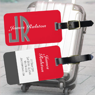 Étiquette À Bagage Personnalisez Monogramme/Nom, Rouge, Gris & Blanc
