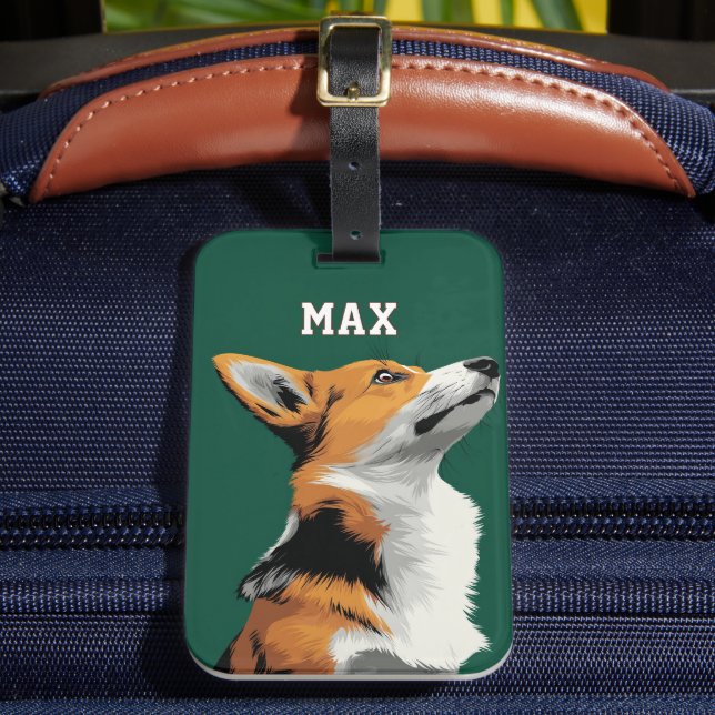 Étiquette À Bagage Petit Corgi sur Fond Vert (Insitu Rectoal 2)