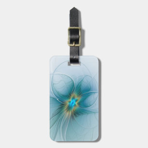 Étiquette À Bagage Petite Beauté Moderne Bleu Or Fractal Art Flower