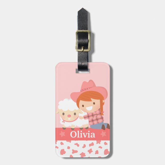 Étiquette À Bagage Petite fille et fille d'agneau Personnalisé rose (Devant Vertical)