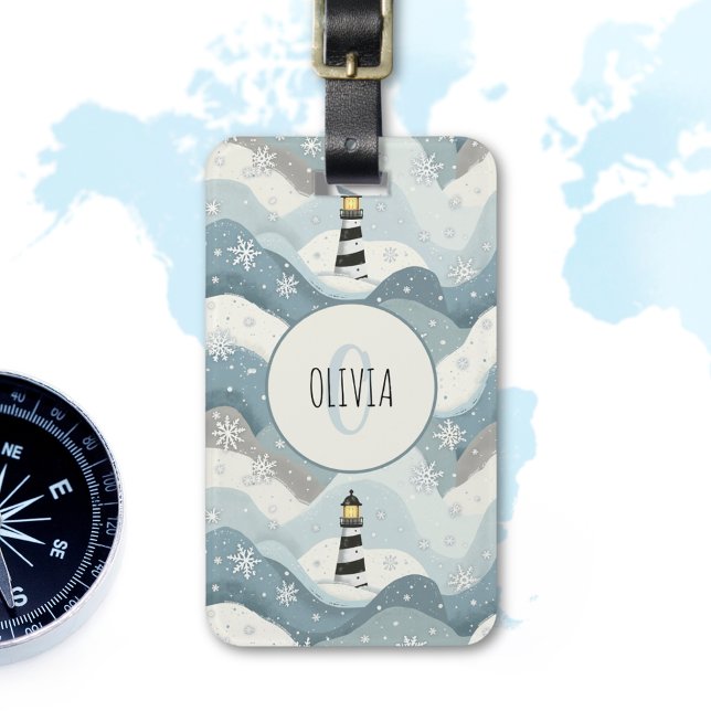 Étiquette À Bagage Phare avec Vagues Icy Hiver Monogramme Nautique (Créateur téléchargé)