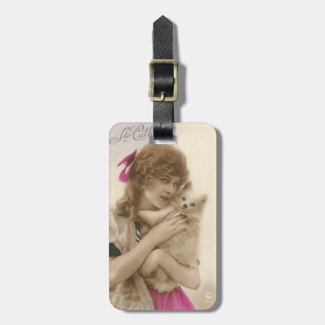 Étiquette À Bagage Photo antique Victorian Woman and Dog (Devant Vertical)