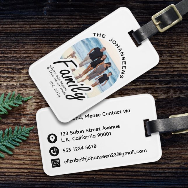 Étiquette À Bagage Photo de famille | Nom personnalisé Simple noir et (Créateur téléchargé)