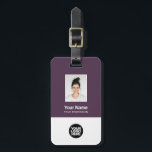 Étiquette À Bagage Photo de l'employé, Code barre, Logo, Nom<br><div class="desc">Personnalisez facilement cette étiquette de bagage personnalisée avec photo, code de la barre d'analyse et logo de l'entreprise. Un design d'entreprise simple en couleur violet grimace entièrement personnalisable en tailles avant et arrière, fontes sans-serif basiques et modernes et un look professionnel et clair. Idéal pour les employés Gadgets de voyage...</div>