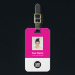 Étiquette À Bagage Photo de l'employé, Code barre, Logo, Nom<br><div class="desc">Personnalisez facilement cette étiquette de bagage personnalisée avec photo, code de la barre d'analyse et logo de l'entreprise. Un design d'entreprise simple dans les couleurs rose néon entièrement personnalisable en tailles avant et arrière, sans-serif polices de base et moderne et un look professionnel et clair. Idéal pour les employés Gadgets...</div>