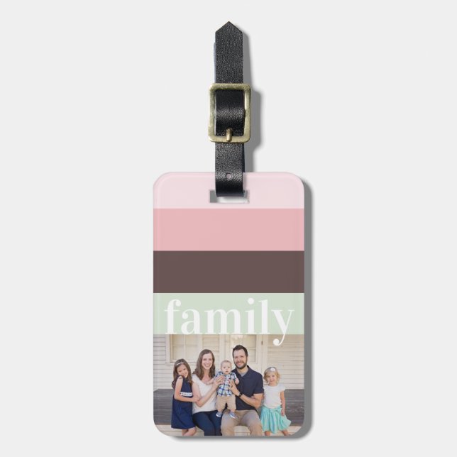 Étiquette À Bagage Photo moderne rose, vert, Brown rayé (Devant Vertical)