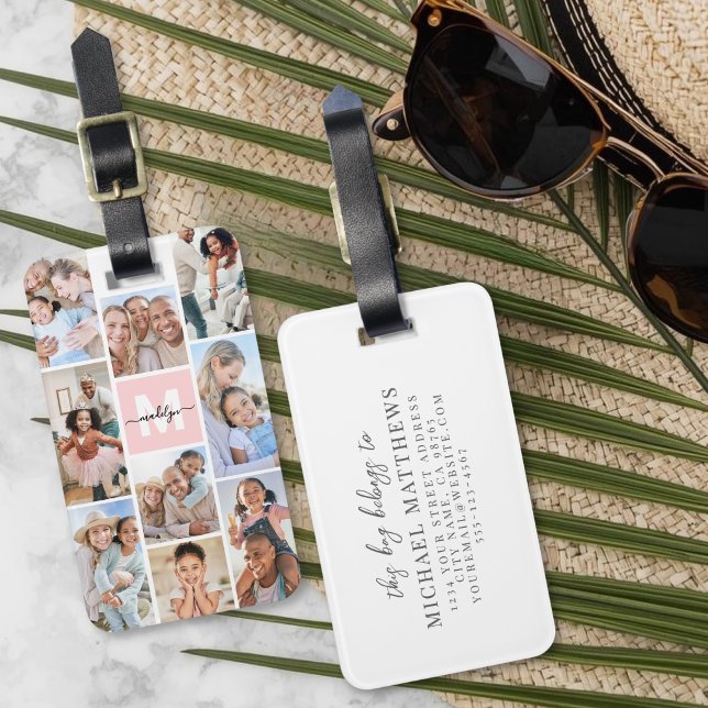Étiquette À Bagage Photo Monogramme Rose (Photo Pink Monogram Luggage Tag)