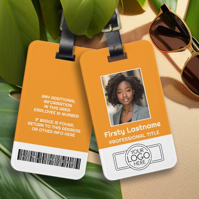 Étiquette À Bagage Photo personnalisée de l'employé, Code barre, Logo (Custom Logo Luggage Tag - Company Bag Tag)