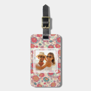 Étiquette À Bagage Photo personnalisée Fleurs Peony et motif feuille