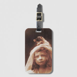 Étiquette À Bagage Photographie Antique Fille Chat sur la Tête Drôle