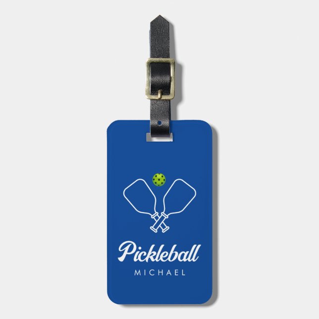 Étiquette À Bagage Pickleball avec pagaies et balle bleu personnalisé (Devant Vertical)