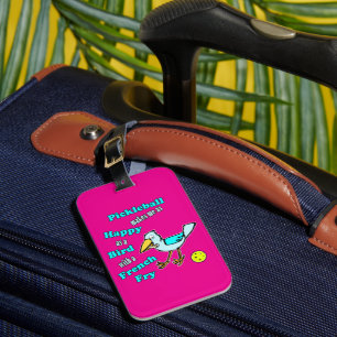 Étiquette À Bagage Pickleball Joyeux Oiseau Bleu Jaune et Rose