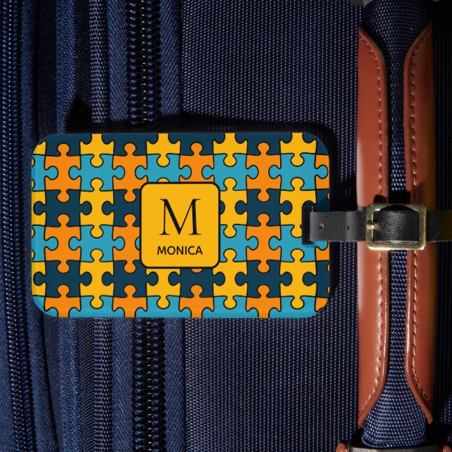 Étiquette À Bagage Pièces De Puzzle Bleu Et Orange Modernes Monogramm (Insitu Rectoal 4)