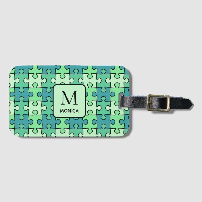 Étiquette À Bagage Pièces de puzzle vert moderne Monogramme (Devant Horizontal)