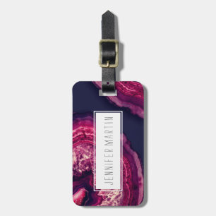 Étiquette À Bagage Pierre de Géode d'Agate Rose et Violet sur Bleu