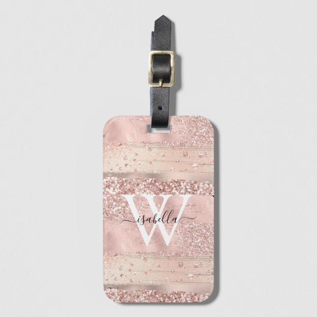 Étiquette À Bagage Pinceau de lettres pailletées en or rose monogramm (Devant Vertical)
