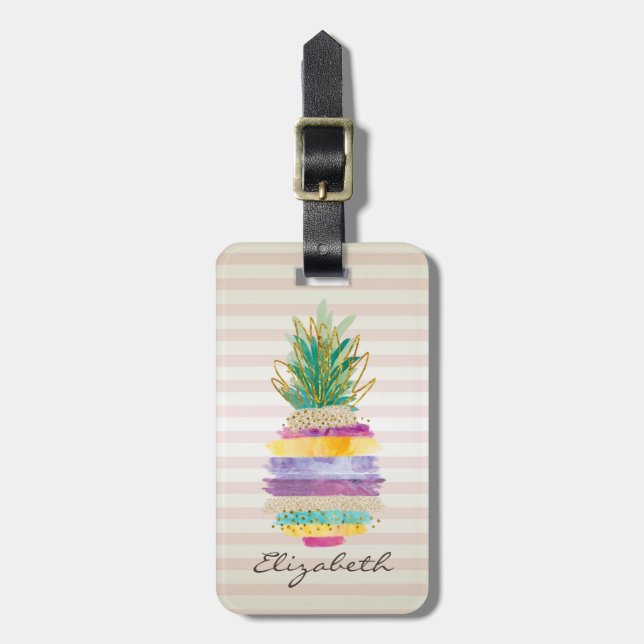 Étiquette À Bagage Pineapple Fille Brillante et Rayures Chics (Devant Vertical)